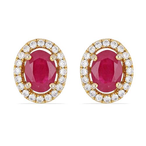 BUY 14K GOLD NATURAL GLASS FILLED RUBY GEMSTONE HALO EARRINGS WITH WHITE DIAMOND